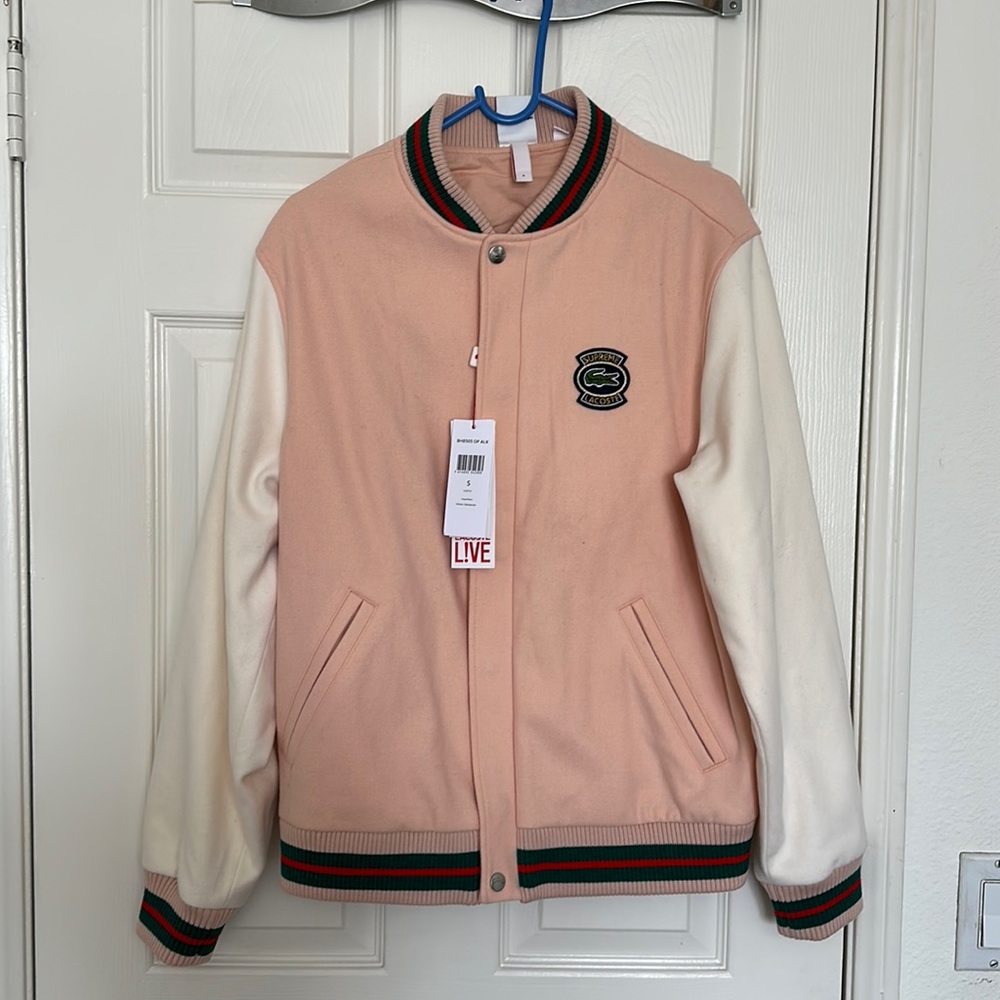Supreme x Lacoste wool varsity baseball jacket, pink